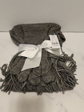 New York & Company Gray Knit Scarf and Glove Set with Fringe
